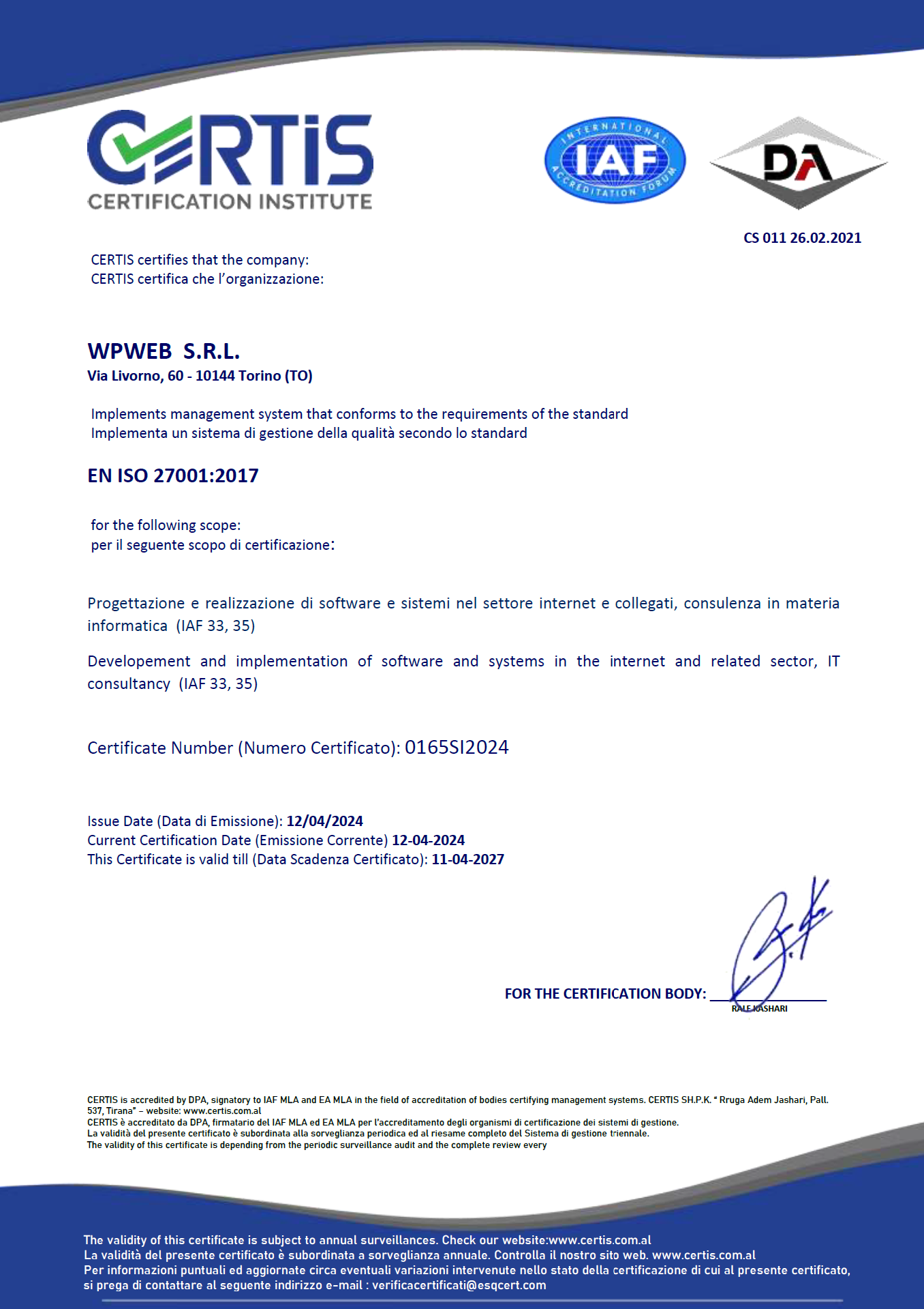 ISO27001 certificato